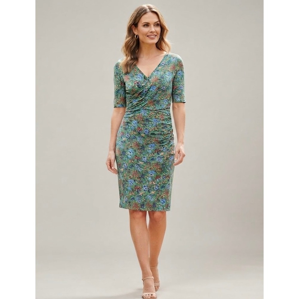 Boden Green Size-US 16R Sheath Dress Floral Tencel Lyocell Ruched Surplice